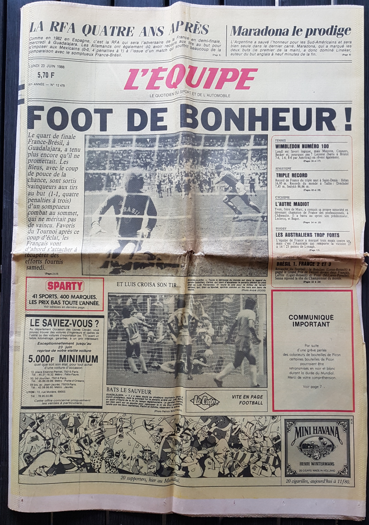 Journal l'équipe 23 juin 1986|journaux-originaux.com